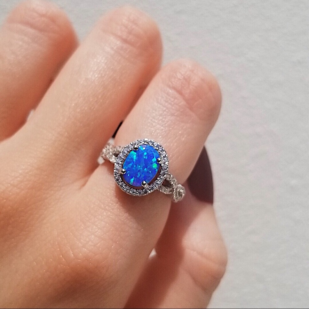 .925 Sterling Silver Filigree Style Blue Opal Ring